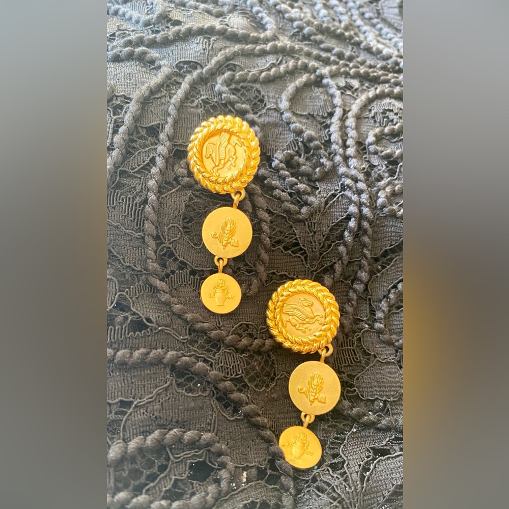 Monet Clip on Earrings, Gold tone, Coin, Winged Horse